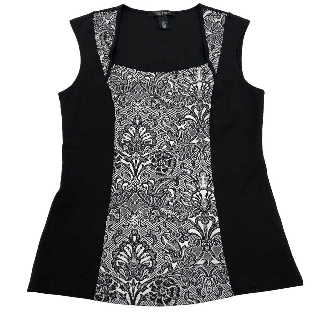 White House Black Market Tapestry Print Sleeveless Black White Top Medium